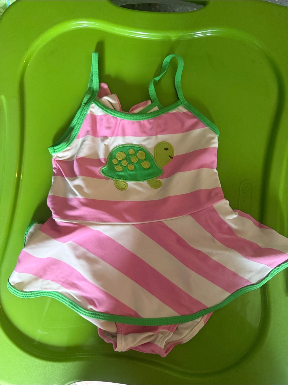 Gymboree Pink and White Striped One-Piece Swimsuit with Green Trim and Turtle